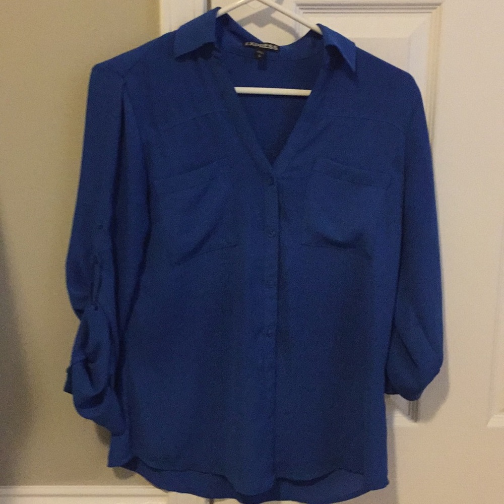 Blue Express blouse with adjustable sleeves